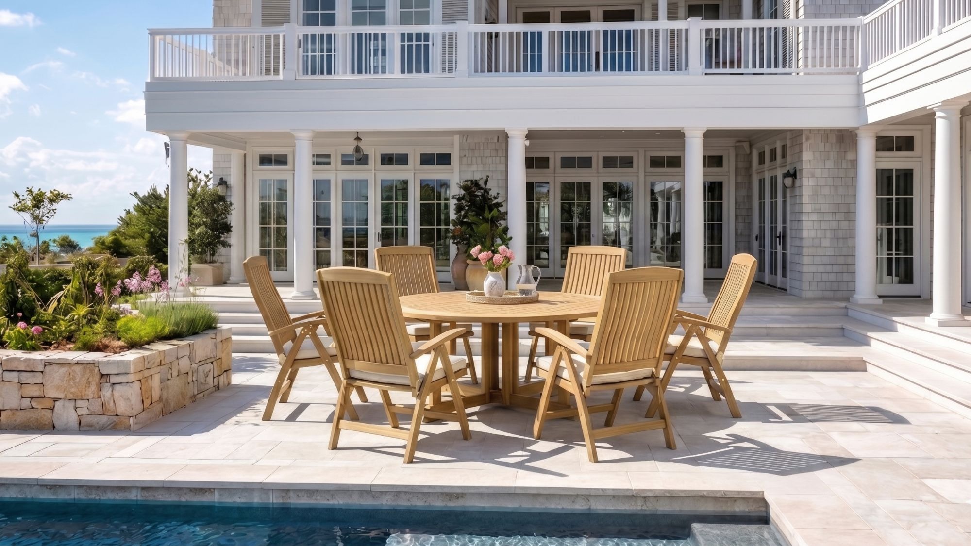 Teak dining set at beach house