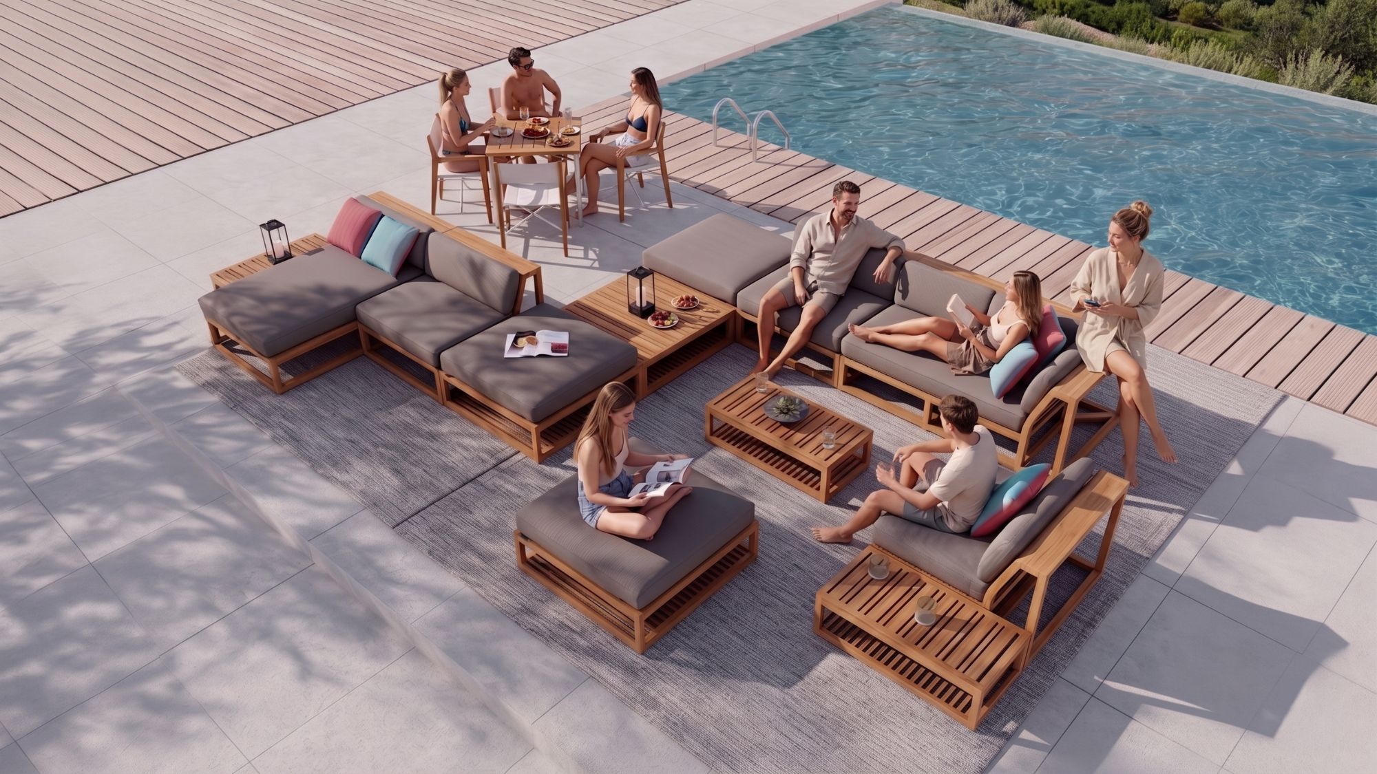 people gathered beside a pool during summer in a teak furniture lounge set