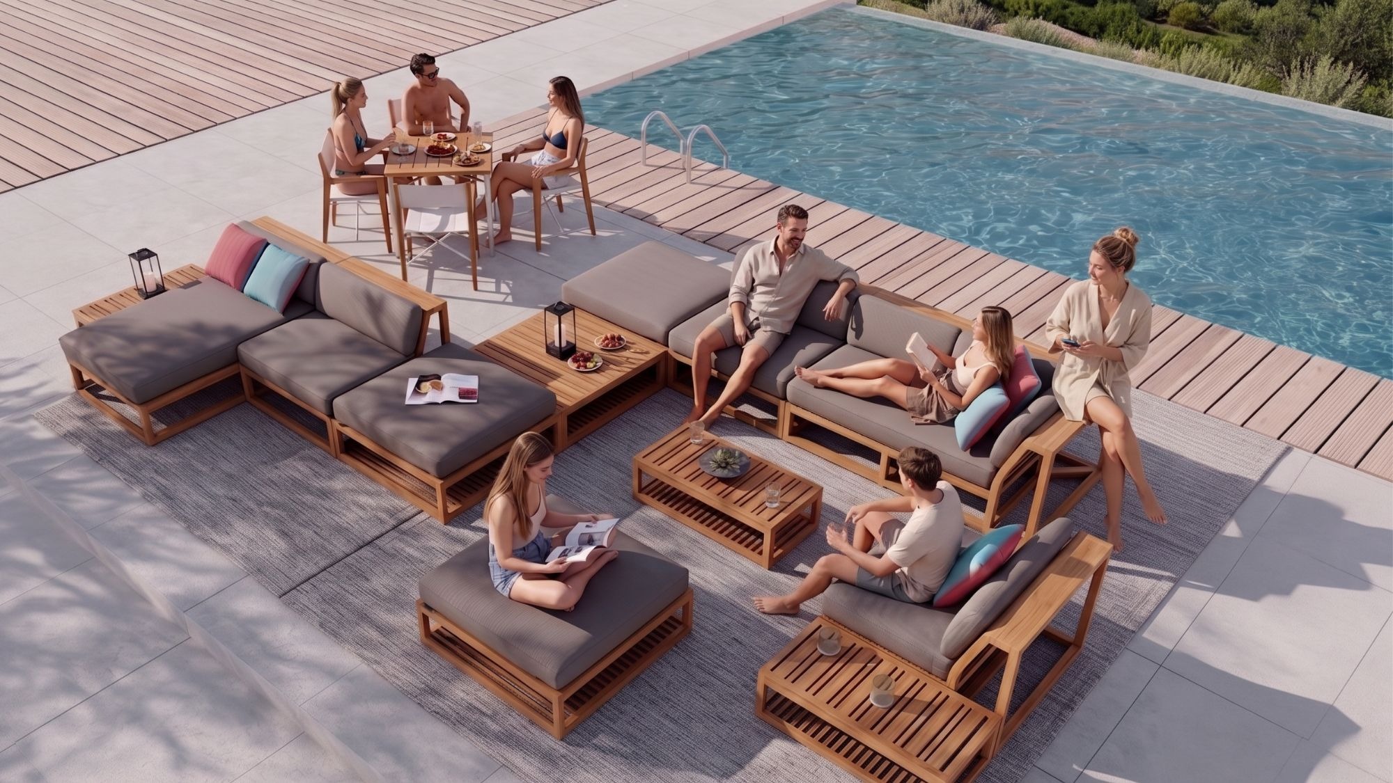 a group of people gathered by the pool
