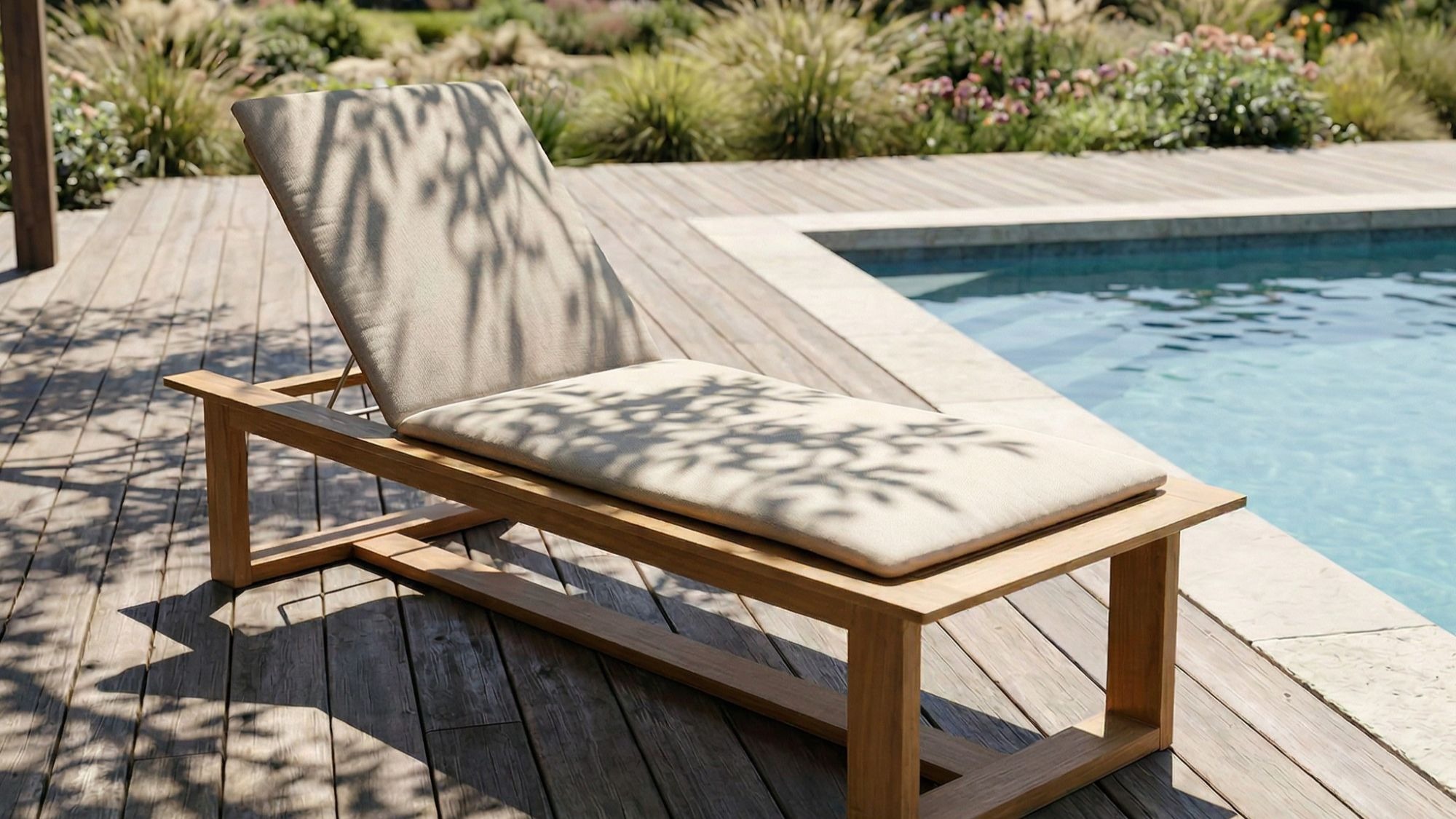 a teak chaise lounger by the pool