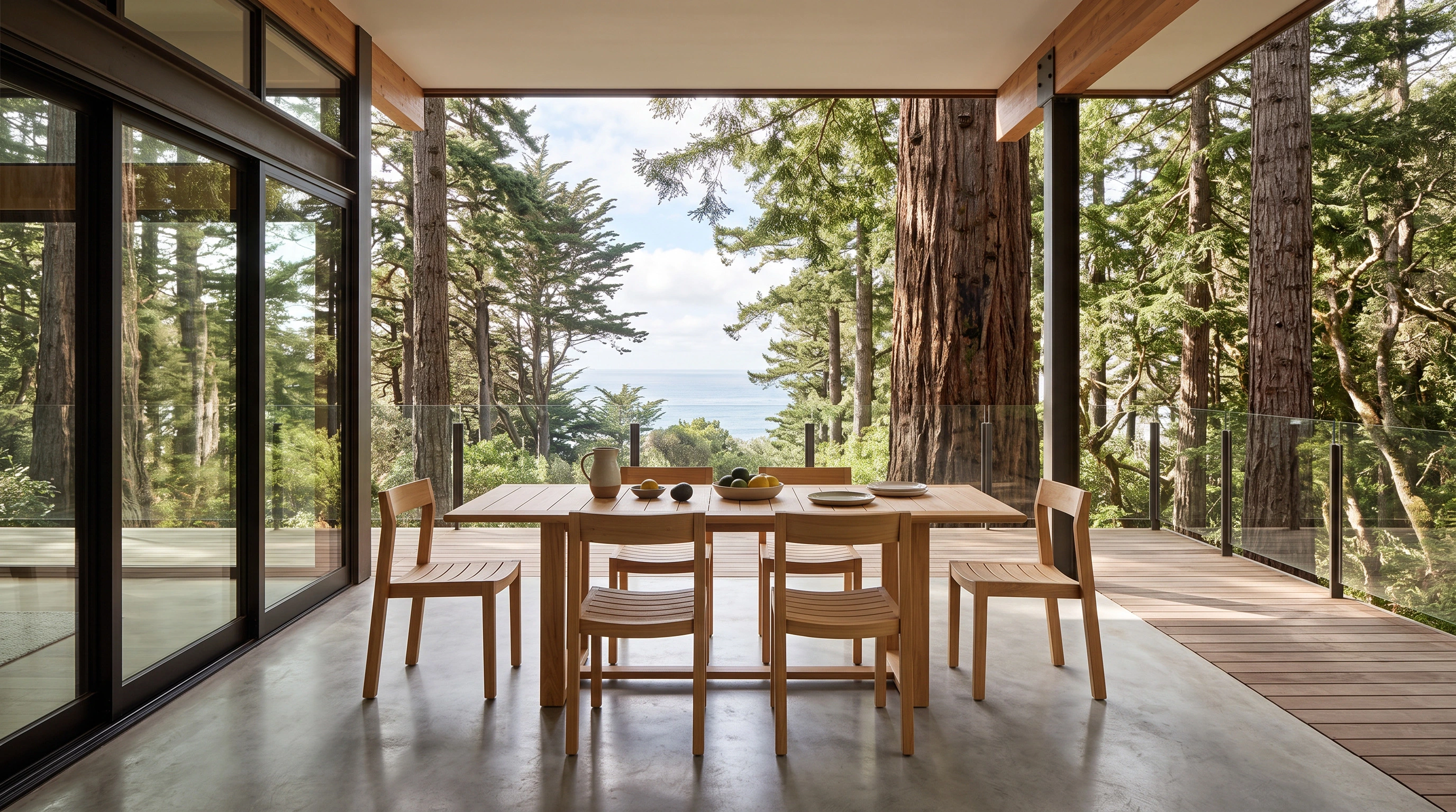 teak outdoor dining set by a forest