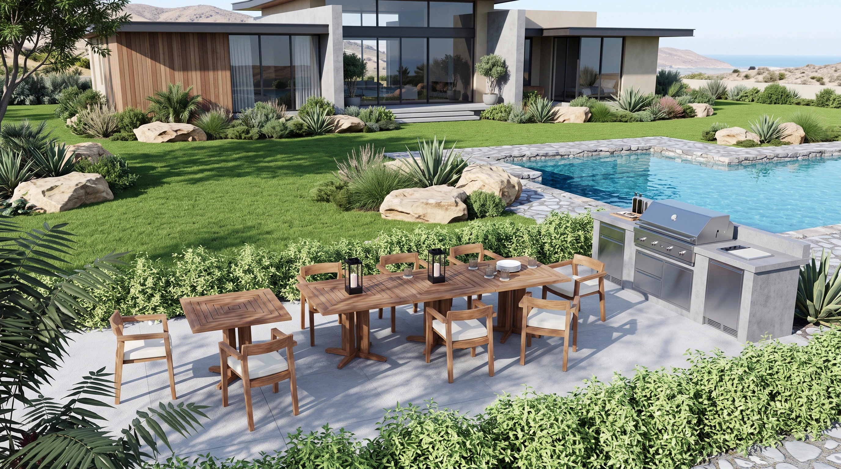 teak outdoor dining furniture by the pool