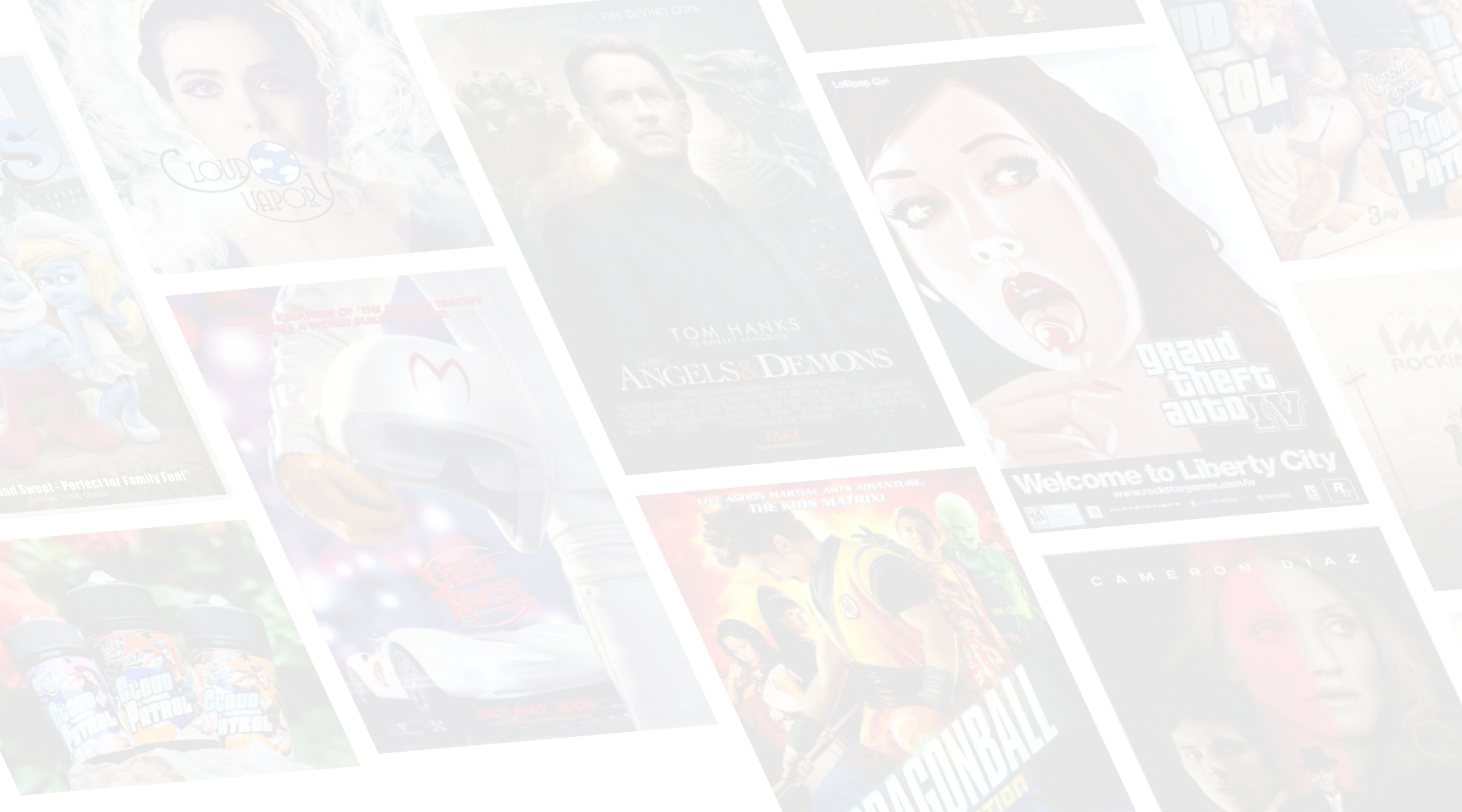 Collage of various media posters including movies Angels & Demons, Speed Racer, Dragonball Evolution, and game Grand Theft Auto IV.