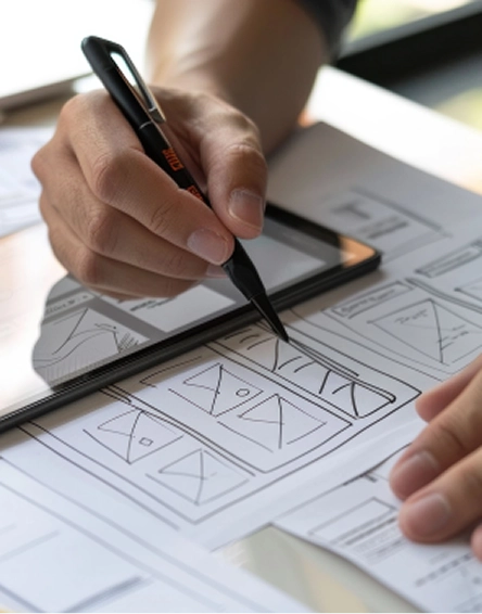 Person sketching a website wireframe layout on paper with a pen and a tablet nearby.