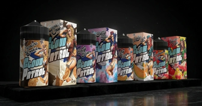 Six Cloud Patrol e-liquid bottles with colorful labels featuring retro pin-up girls and different flavor names, displayed on a dark surface.