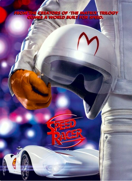Close-up of a person in white racing suit holding a white helmet with red 'M' logo above a white race car, with text referencing the creators of the Matrix trilogy and the movie title Speed Racer.