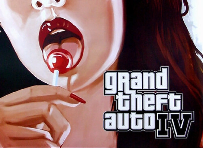 Close-up illustration of a woman with red lips and nails licking a red and white lollipop next to the Grand Theft Auto IV logo.