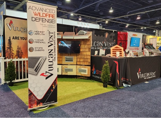 Trade show booth for Vulcan Vent showcasing advanced wildfire defense roofing ventilation products.