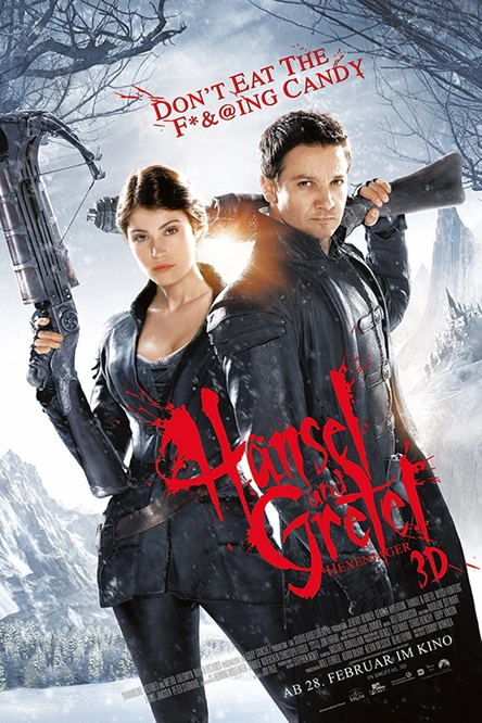 Movie poster for Hansel and Gretel: Witch Hunters showing a man and woman in dark outfits holding large guns with snowy mountains in the background.