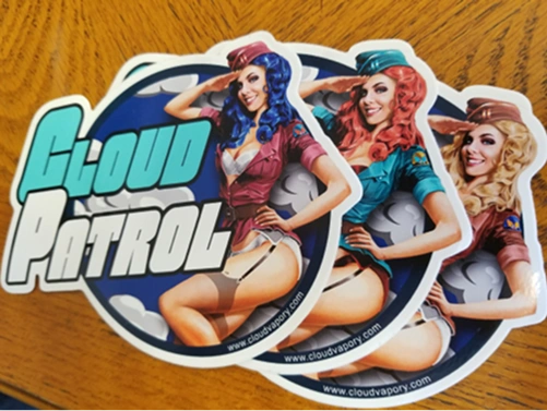 Three Cloud Patrol stickers showing pin-up style women in vintage flight uniforms with different hair colors, kneeling with one arm raised.