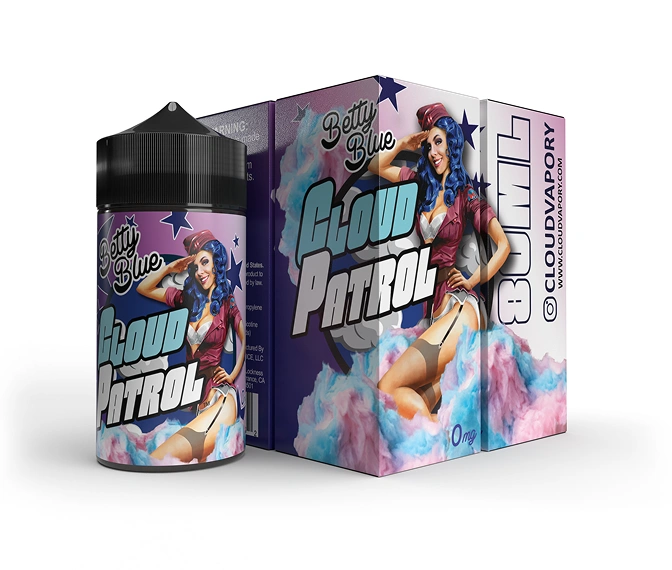 Betty Blue Cloud Patrol vape juice bottle and box featuring a pin-up style woman with blue hair amid pink and blue clouds.