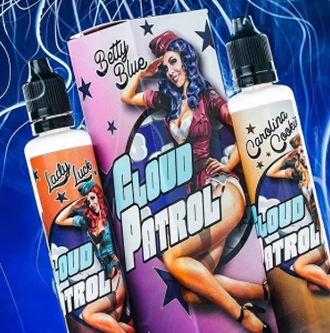 Three Cloud Patrol e-liquid bottles featuring retro pin-up style artwork of women named Lady Luc, Betty Blue, and Carolina Cookie on a blue and purple smoky background.