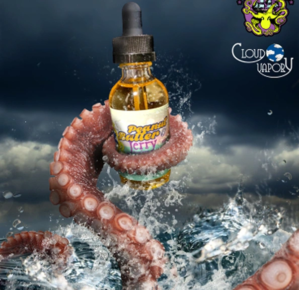 Octopus tentacle rising from splashing water holding a dropper bottle labeled 'Peanut Butter Cherry' with Cloud Vapor logo above.