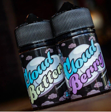 Two black bottles with colorful labels reading 'Cloud Batter' and 'Cloud Berry' against a dark background.