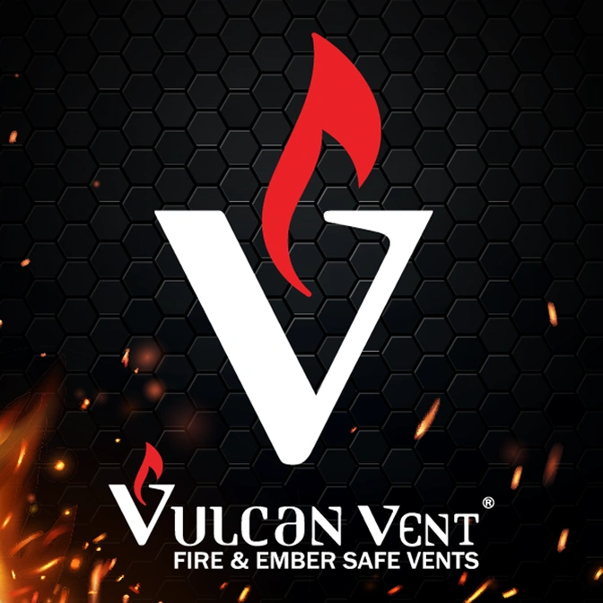 Vulcan Vent logo with a red flame on black hexagonal background and the text Fire & Ember Safe Vents.