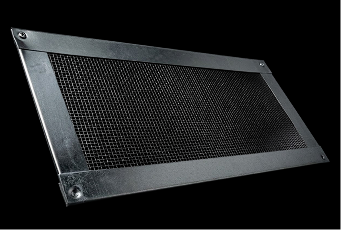 Rectangular black metal mesh vent cover with a silver frame and screws in each corner.