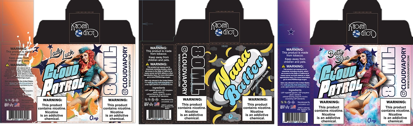 Three colorful tobacco product packaging designs for Cloud Patrol and Nana Butter with warning labels about nicotine addiction.