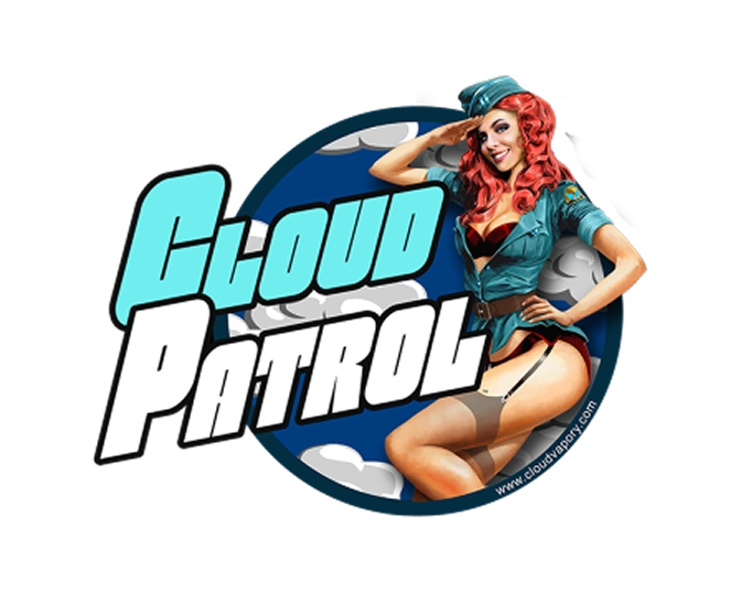 Retro pin-up style woman with red hair in a blue pilot uniform saluting next to bold text 'Cloud Patrol' over a cloudy sky background.