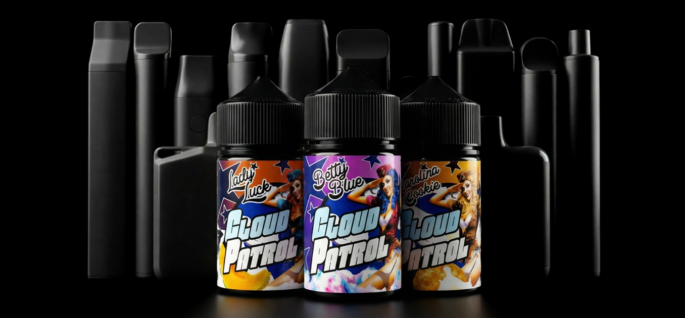 Three colorful Cloud Patrol e-liquid bottles labeled Lady Luck, Betty Blue, and Carolina Cookie in front of various black vaping devices on a black background.
