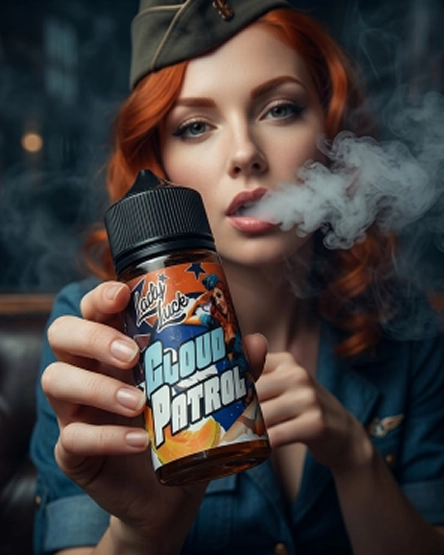 Red-haired woman in a military-style cap holding a bottle of Cloud Patrol vape juice while exhaling vapor.