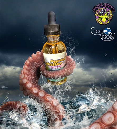 Octopus tentacle emerging from water and holding a dropper bottle labeled Peanut Butter Berry against a stormy sky background.
