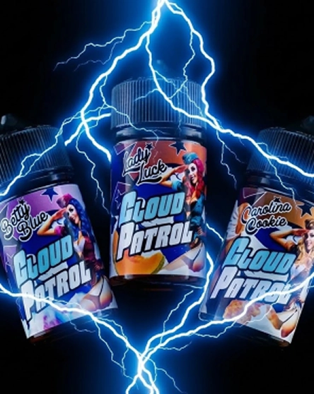 Three Cloud Patrol vape liquid bottles labeled Betty Blue, Lady Luck, and Carolina Cookie with lightning effects.