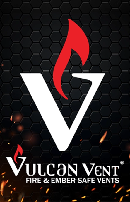 Vulcan Vent logo featuring a large white letter V with a red flame above, on a black hexagonal patterned background with sparks.