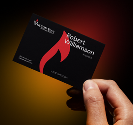 Hand holding a black business card with red flame graphic and text showing name Robert Williamson, Assistant, and vulcanvest.com.