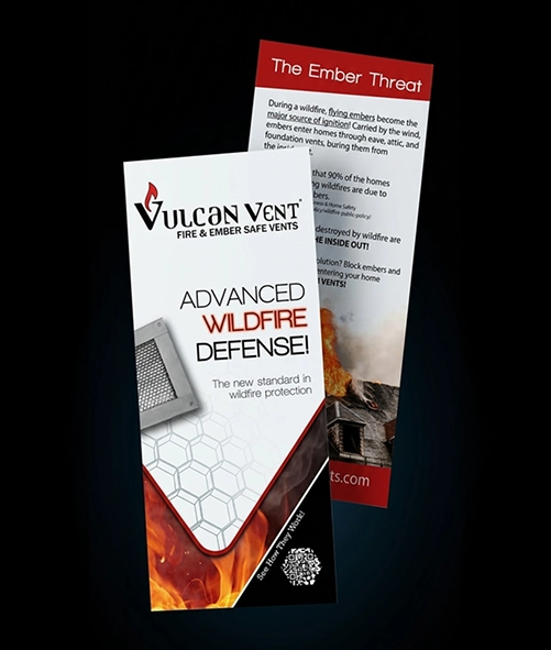 Vulcan Vent brochure showing advanced wildfire defense vents with fire and ember safe technology and information on ember threats to homes during wildfires.