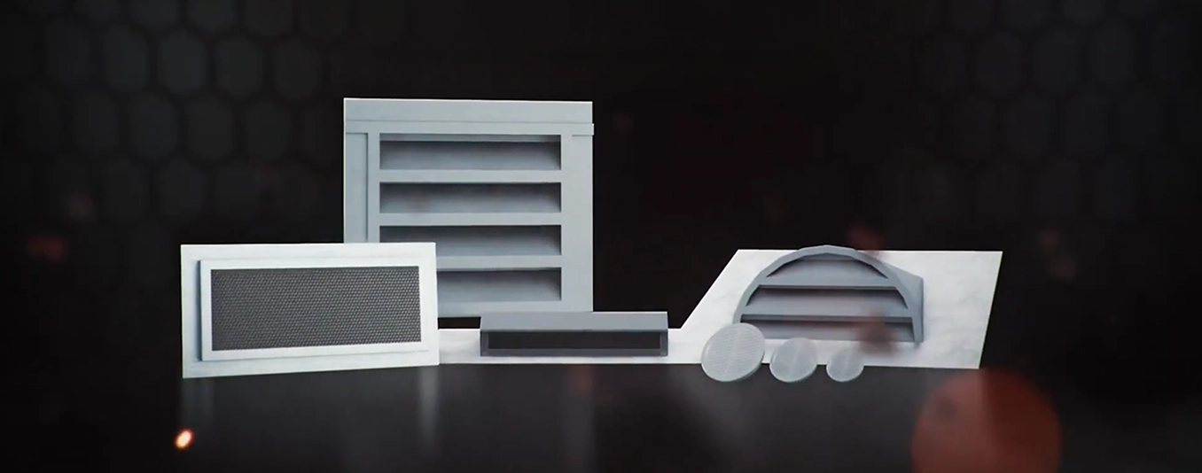 Various white and gray air vents and grilles of different shapes and sizes displayed against a dark background.