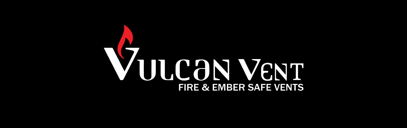 Vulcan Vent logo with a red flame above the letter V and the tagline Fire & Ember Safe Vents on a black background.
