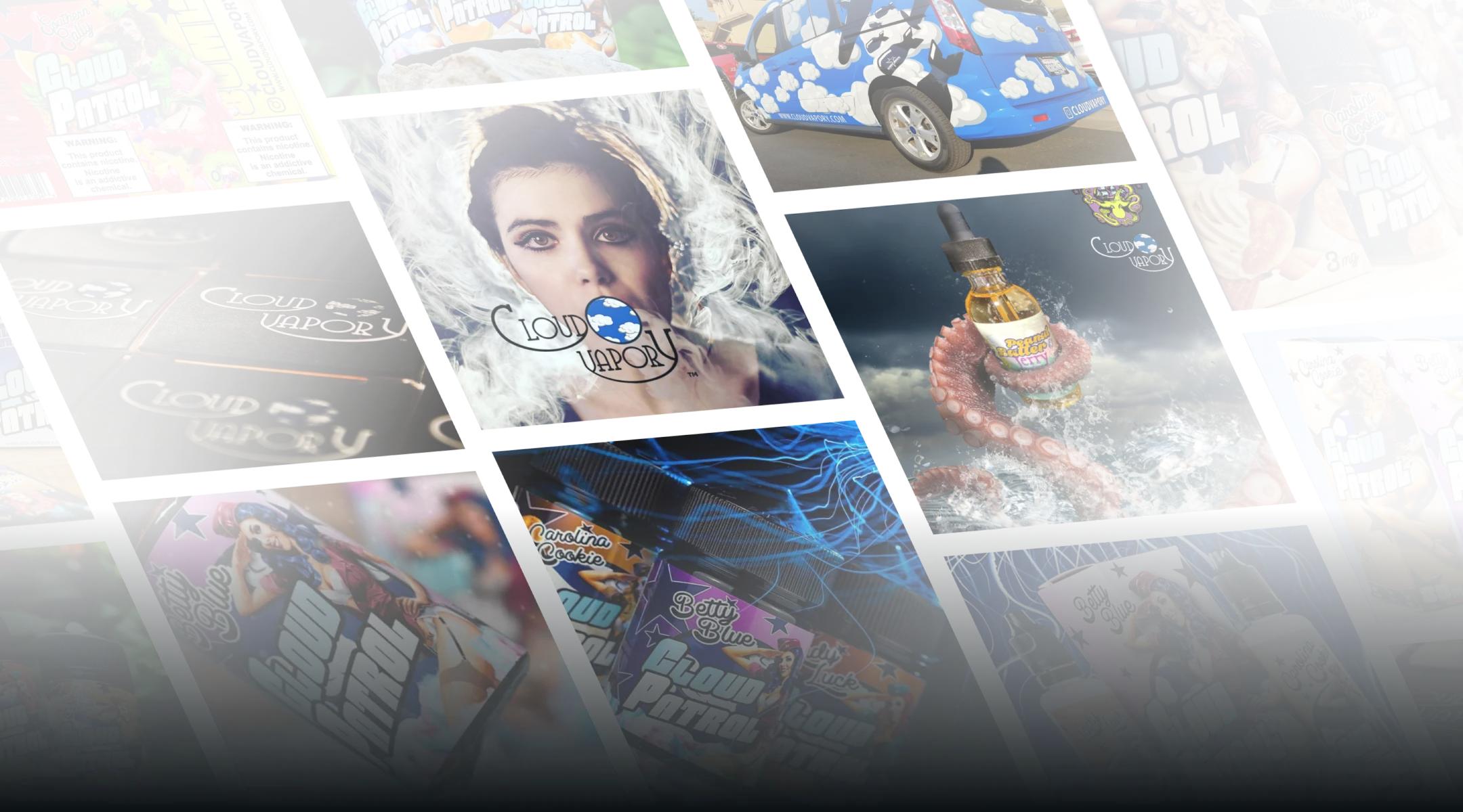 Collage of Cloud Patrol vaping product packaging, including e-liquid bottles, boxes, and a branded car, featuring pin-up style artwork and nautical themes.