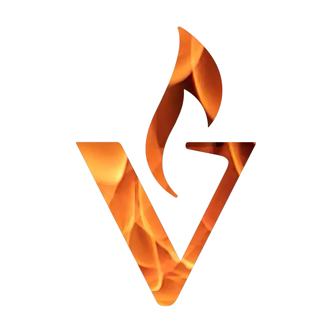 Stylized letter 'V' with a flame shape integrated on top, featuring a texture resembling bright orange flames on a black background.