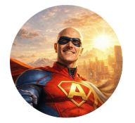 Man dressed as a superhero wearing a red and blue costume with an 'A' emblem, smiling with sunglasses in front of a city skyline at sunset.