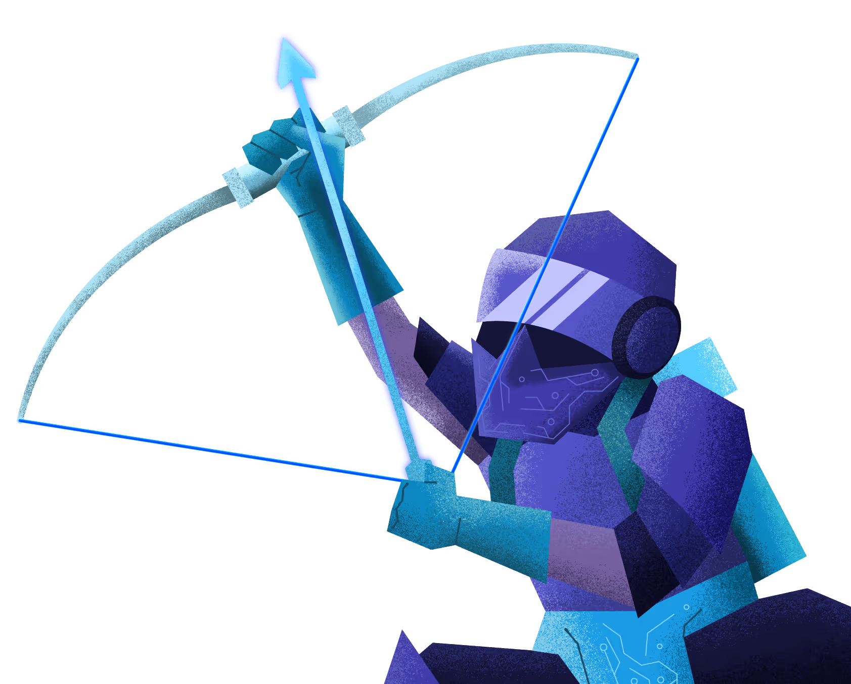 Futuristic archer in purple and blue armor drawing a glowing blue bow with an arrow shaped like a computer cursor.