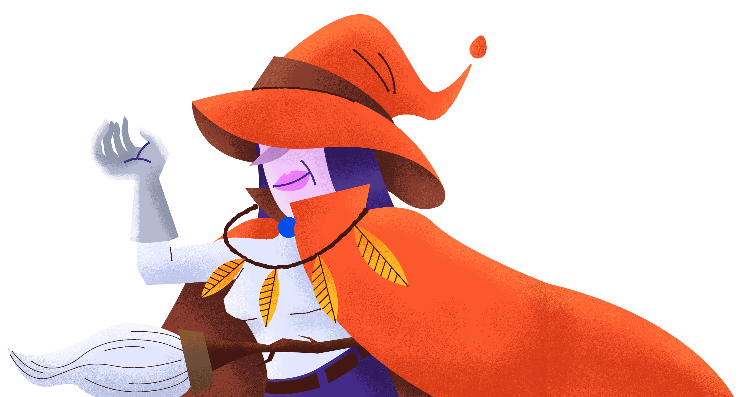 Illustration of a witch wearing an orange hat and cape, with purple hair and a broomstick.