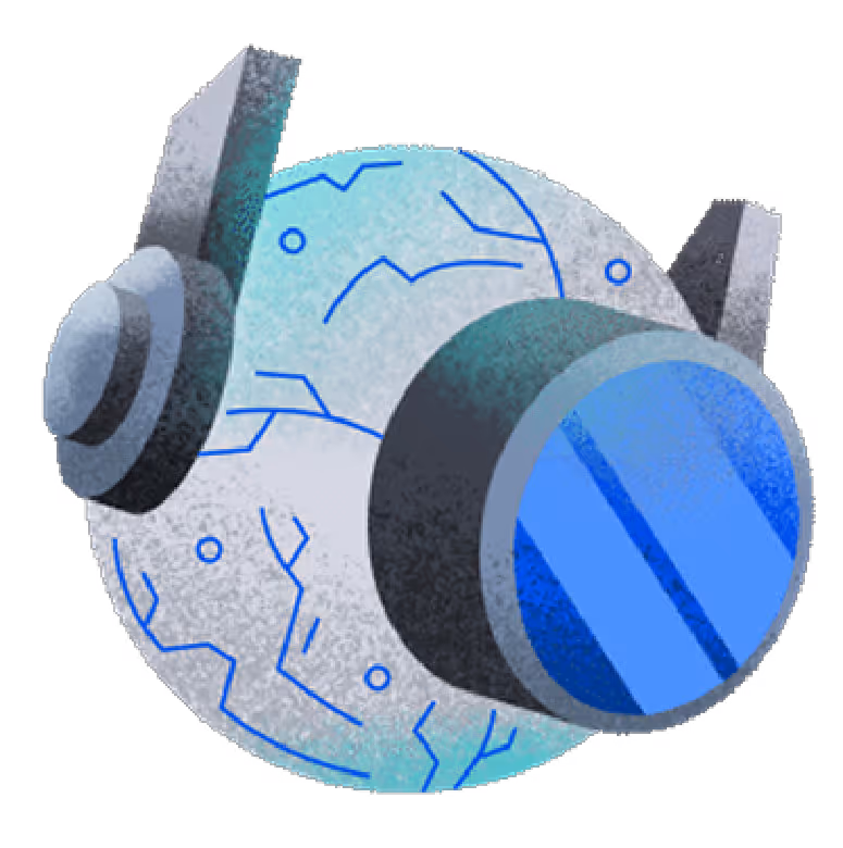 Cartoon-style Earth with a large blue telescope attached and two black antennae-like structures.