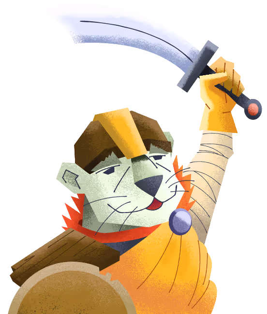 Stylized cartoon warrior lion holding a curved sword raised above its head.