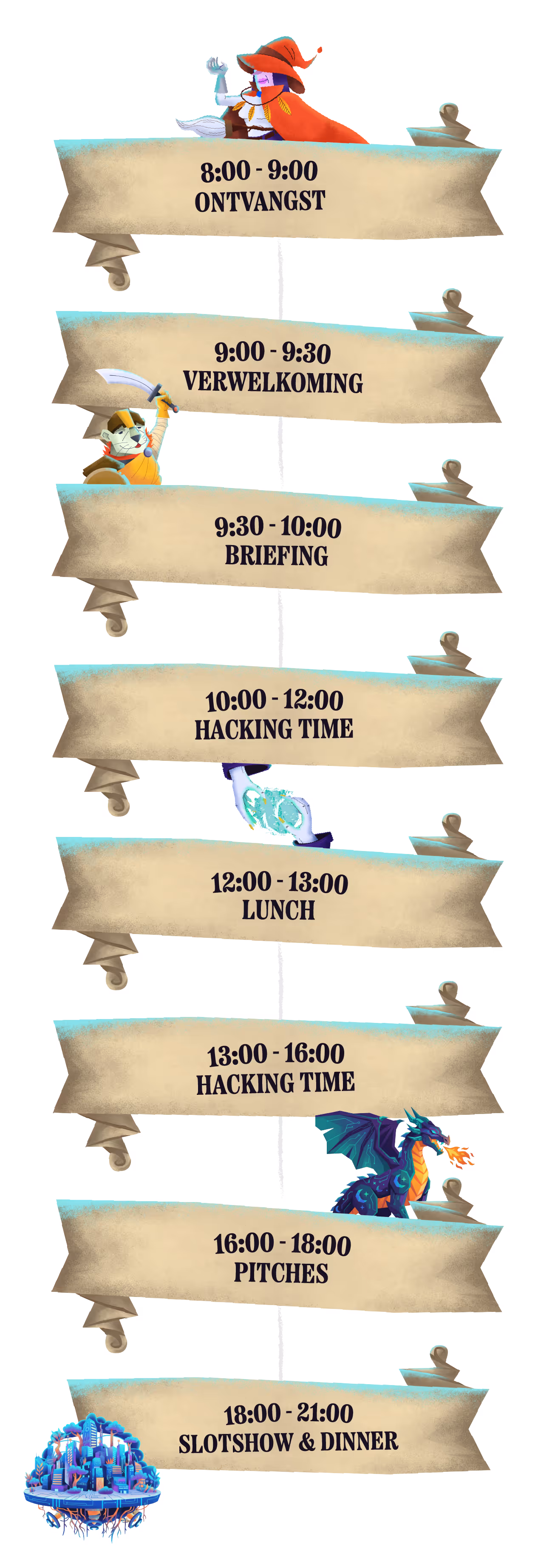 Event schedule from 8:00 to 21:00 with time slots for coffee reception, welcome, briefing, hacking time, lunch, pitches, and prize giving with dinner, decorated with fantasy characters and elements.