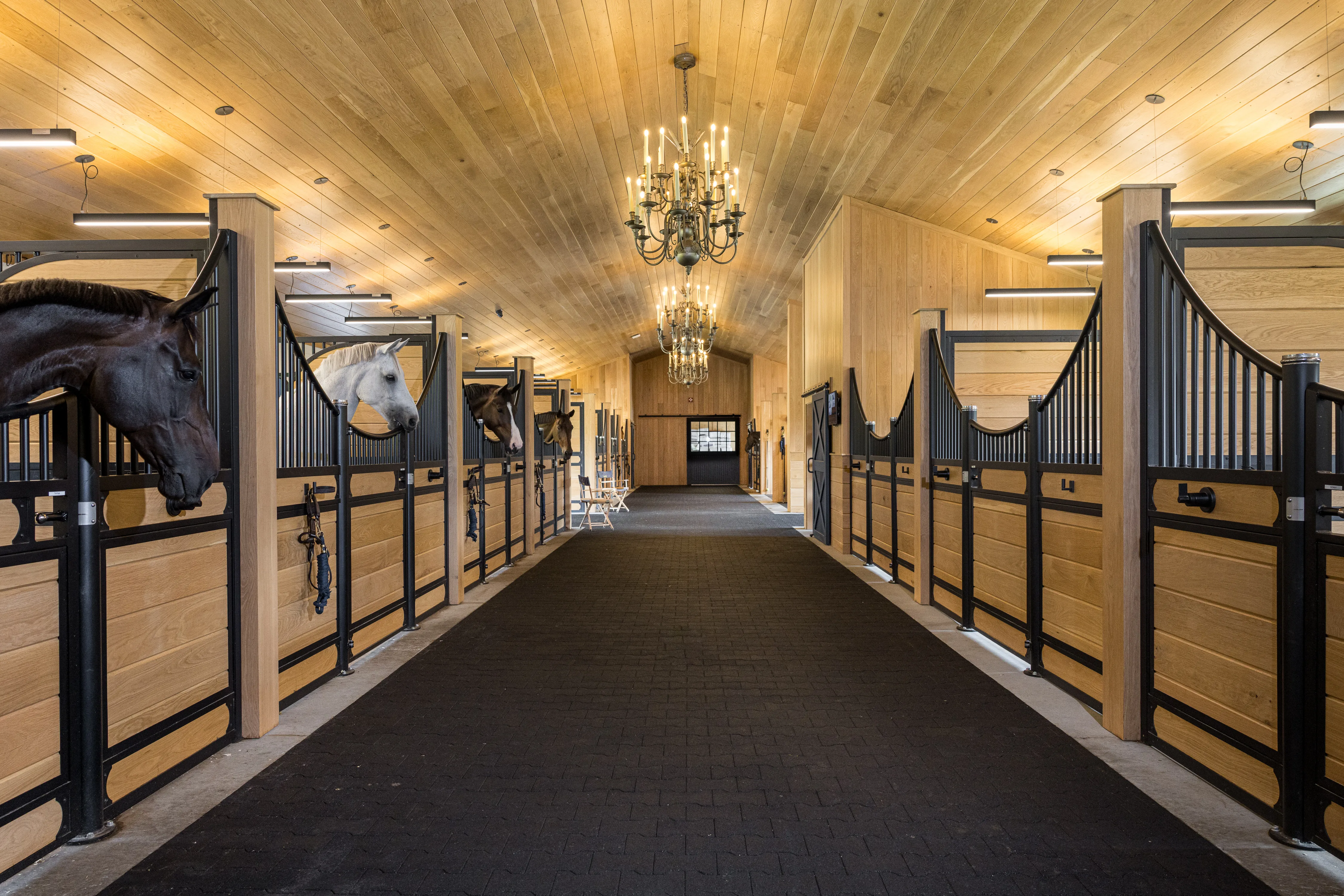 The bright center aisle of this horse barn is framed on both sides by custom stalls with ornate chandeliers overhead.
