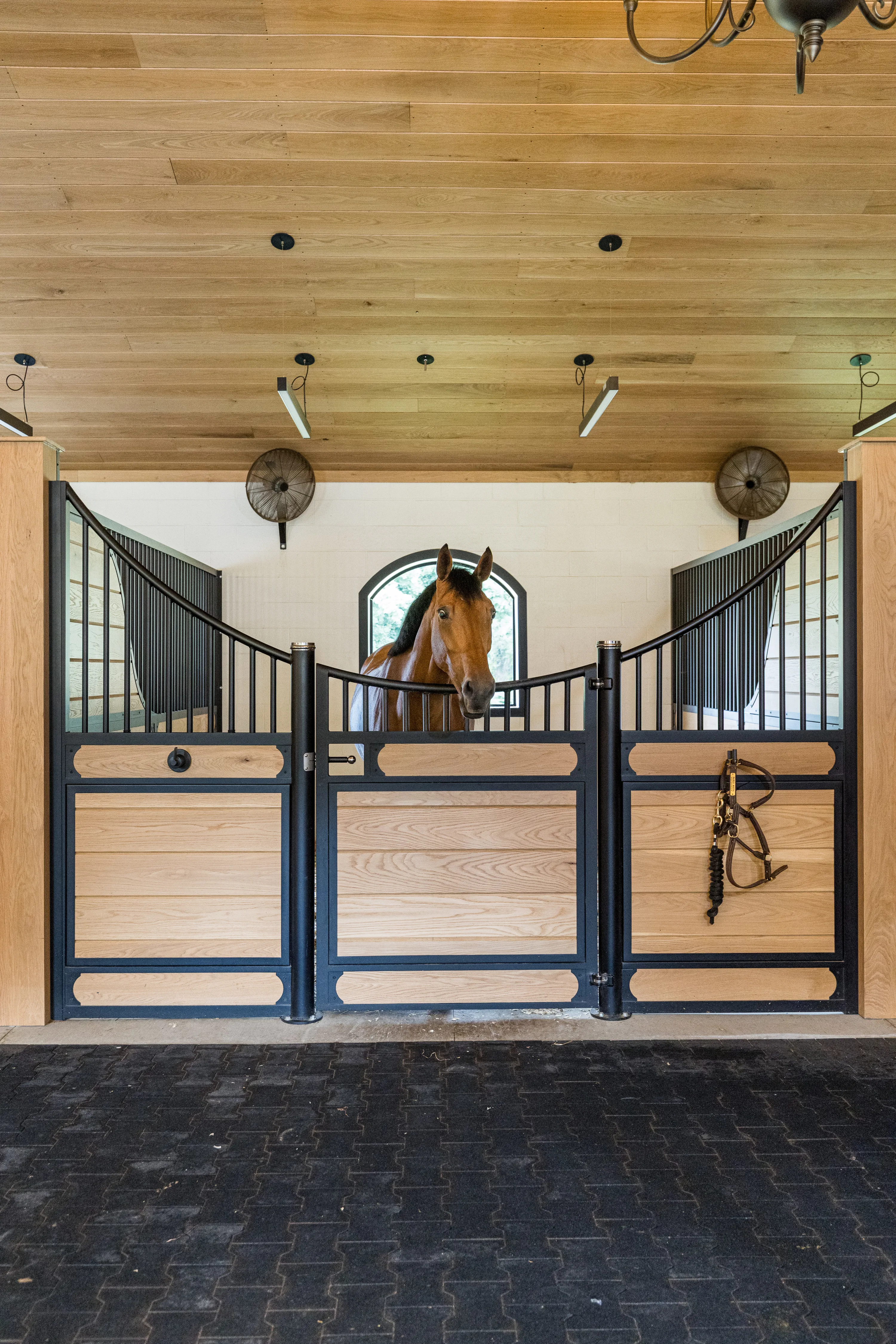 A horse peers above this custom wooden stall front with black steel grills and frames. An open stall window frames his head.