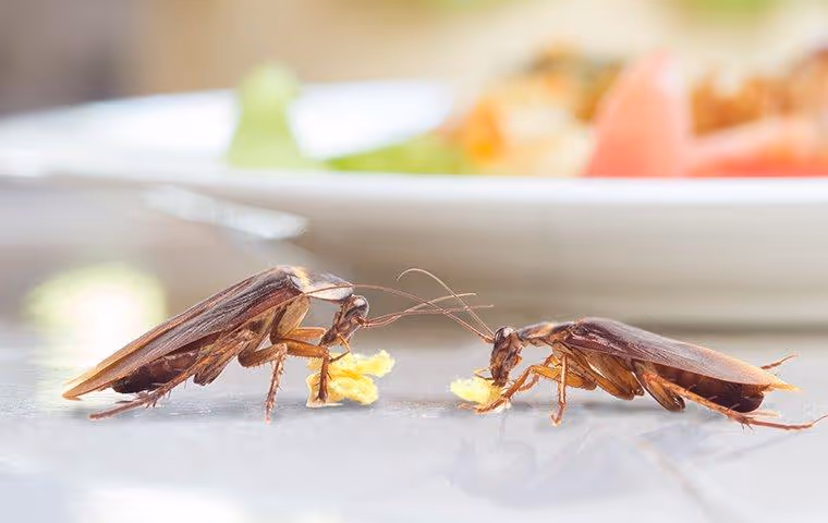 Two large roaches eating scraps off a table near a plate of food.
