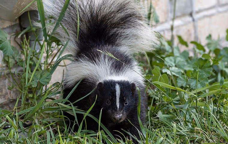 Skunk walking in a grassy patch near a home.