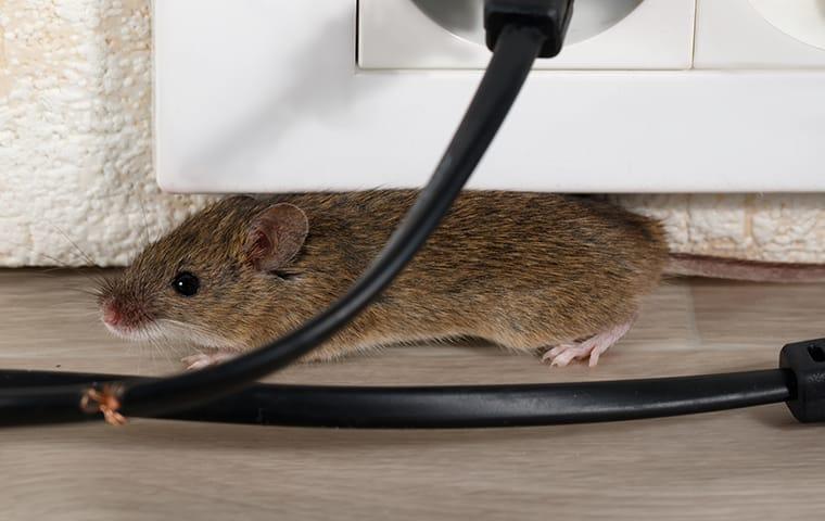 Mouse crawling under an electrical outlet near partially chewed wires.