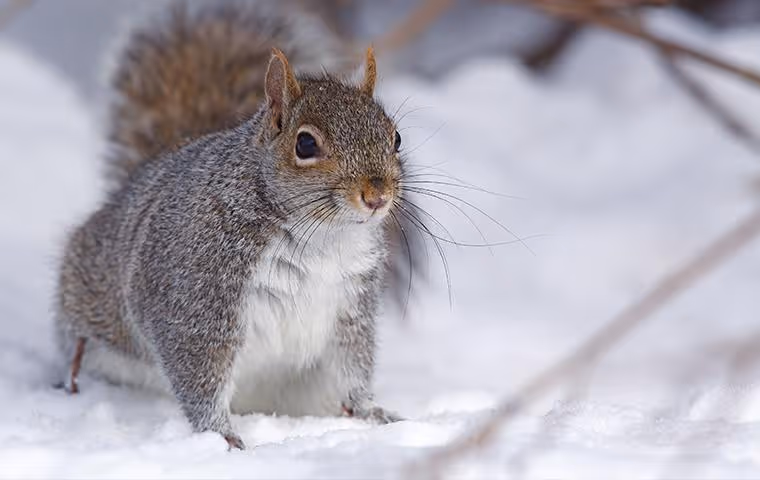 Squirrel playing in the snow outdoors.