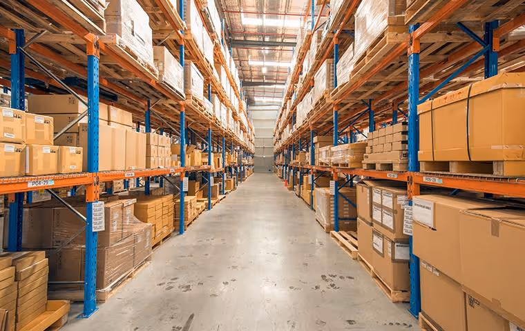 Large warehouse facility with hundreds of boxes on several shelves.