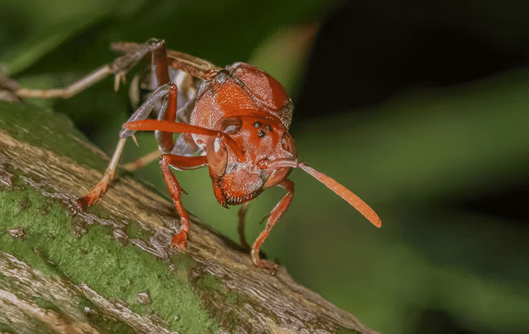 Red Paper Wasp on a green plant stem.
