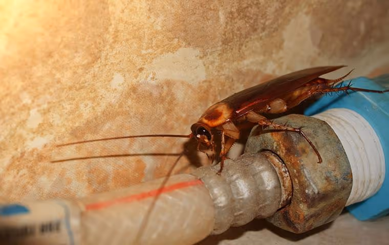 Cockroach crawling on plumbing.