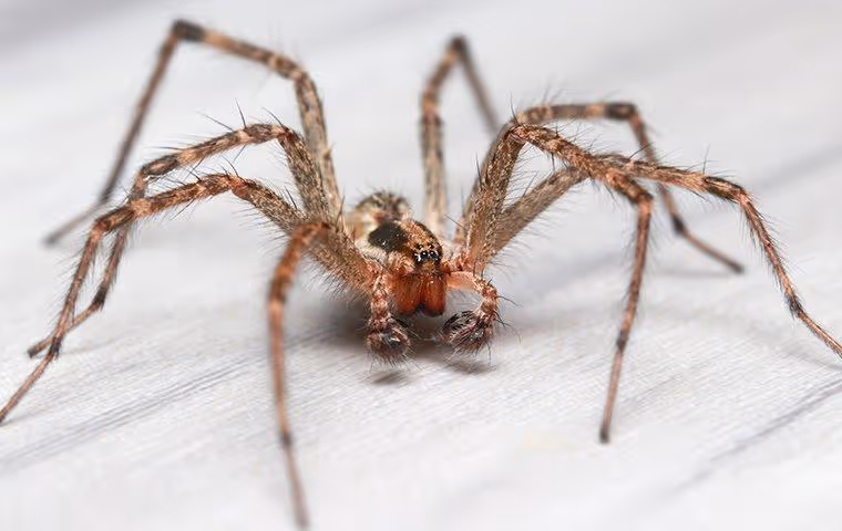 Brown house spider crawling on a wooden surface.