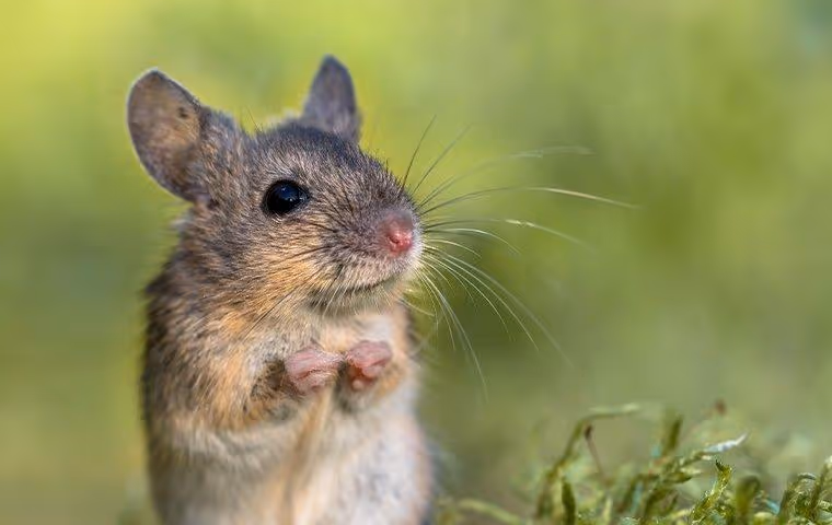 Mouse sitting on a lawn.